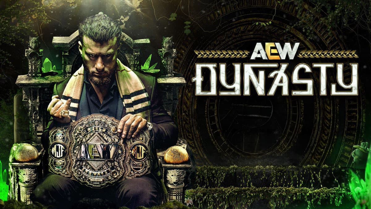 Poster for AEW Dynasty 2026 showing a suited MJF sat on a throne with the AEW World Championship on his lap