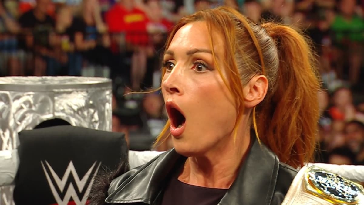 Becky Lynch with her mouth wide open in shock on WWE Raw
