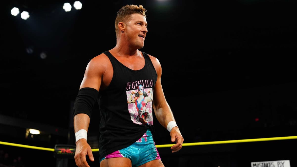 Ryan Nemeth in a black vest and blue trunks on TNA IMPACT