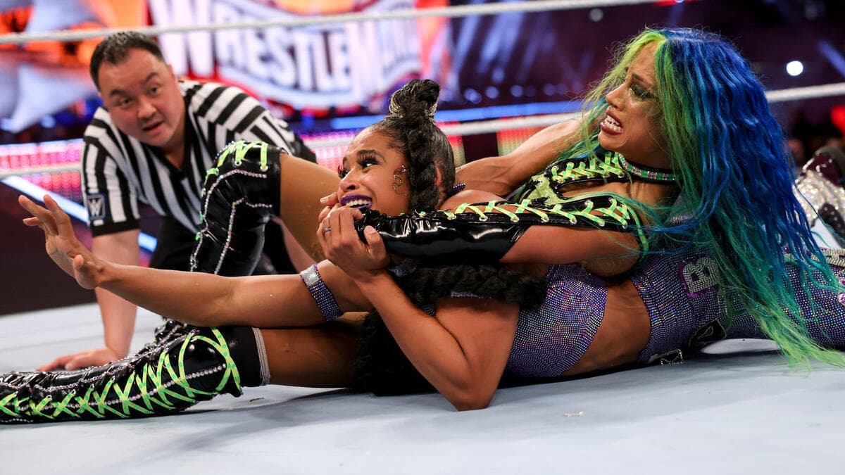 Sasha Banks with a Crossface on Bianca Belair at WWE WrestleMania 37