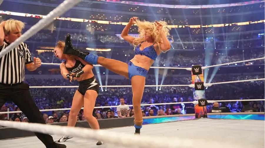 Charlotte Flair Ronda Rousey WrestleMania 38 boot.jpg