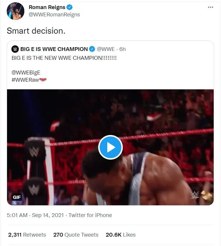 Roman reigns tweet big e september 2021