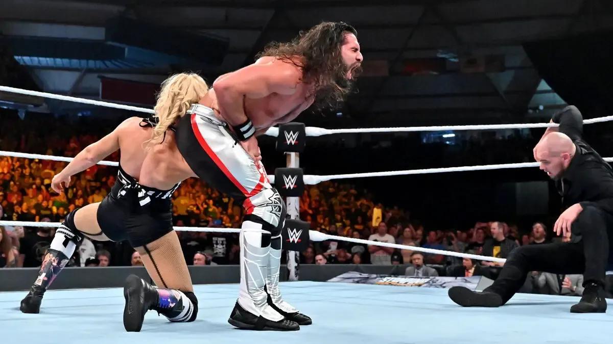 Seth rollins low blow from lacey evans