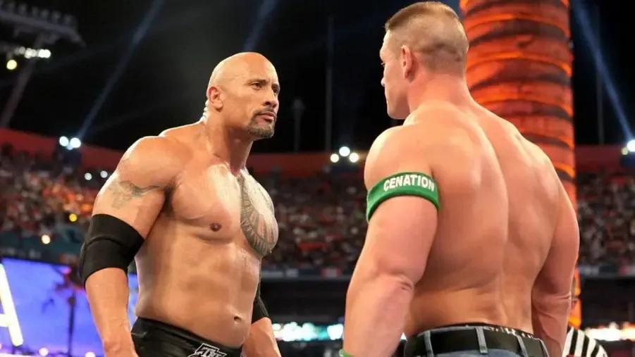 The Rock and John Cena ahead of their WWE WrestleMania 28 match.jpg