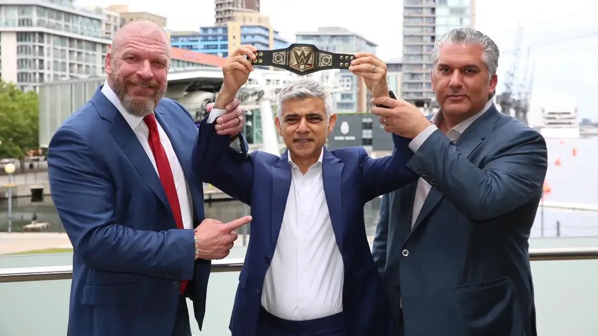 Triple H Nick Khan Sadiq Khan tiny WWE title belt.jpg